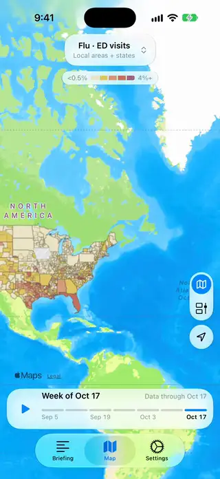 Recorded Going Around flu emergency-visit map zooming from the national view down to local reporting areas around Washington and Baltimore, week of October 17, 2026
