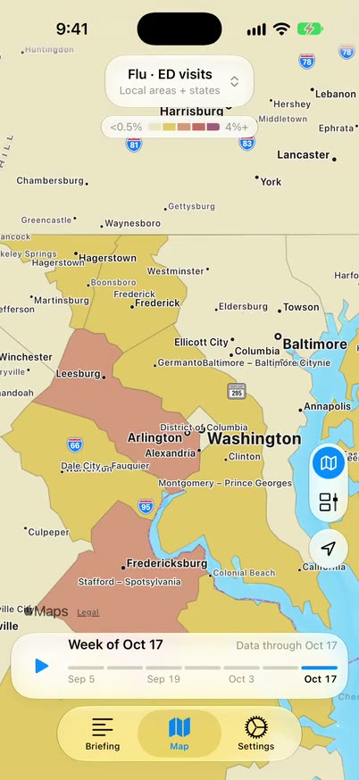 Still frame: Going Around flu emergency-visit map zoomed in on local reporting areas around Washington and Baltimore, week of October 17, 2026